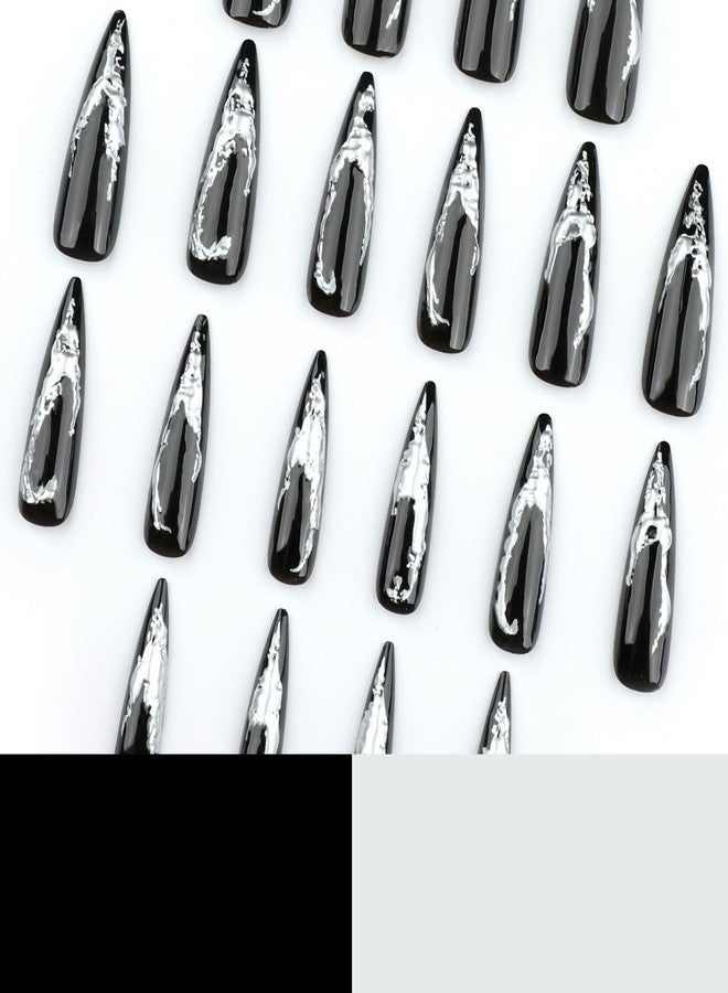 MISUD Press on Nails - Long Stiletto Glue on Nails with Goth Black, Acrylic 3D Silver Chrome Design 24 pcs - Image 5